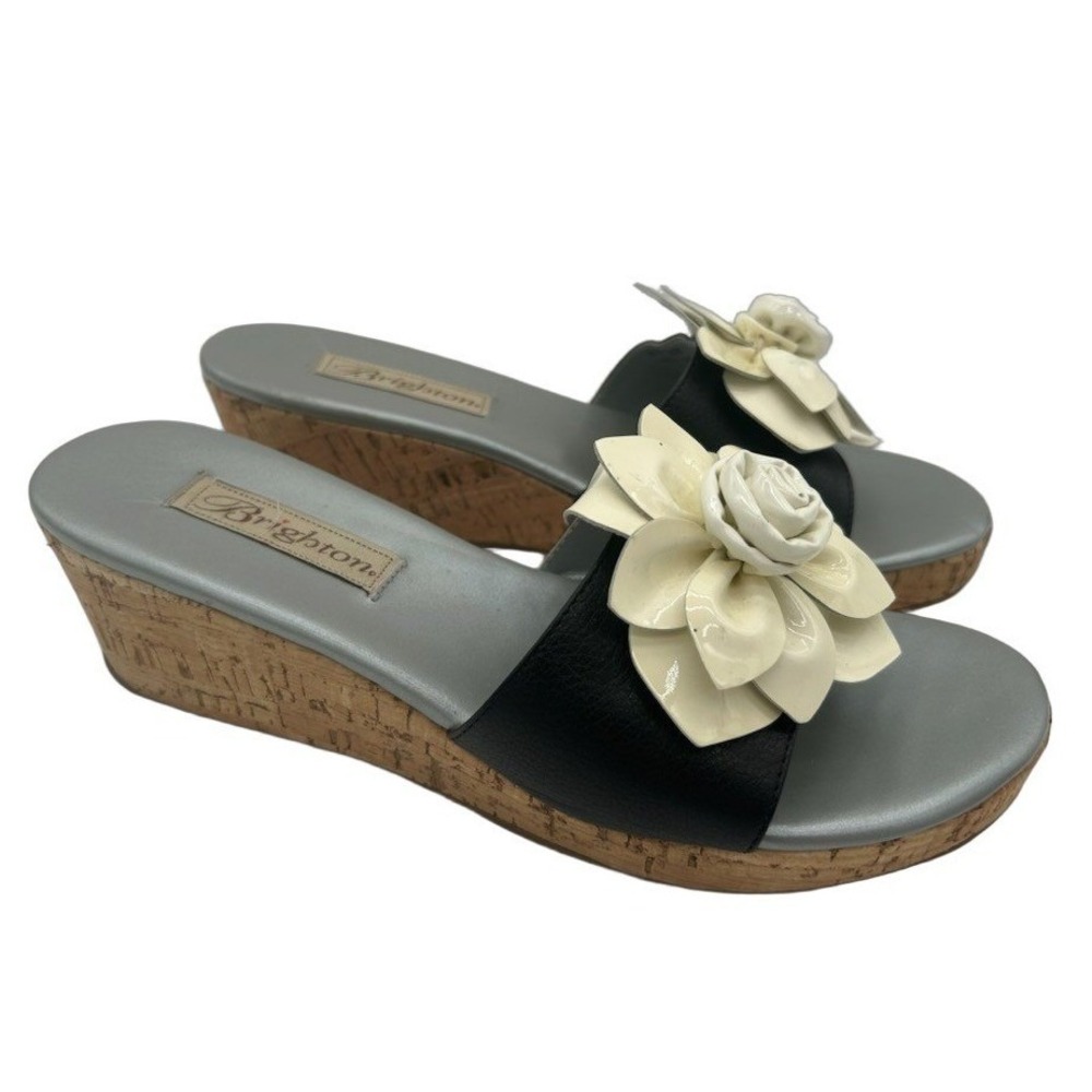 Brighton Helena Wedge Sandals Women's Size 7.5 M Black Cream Flower Slides Y2K